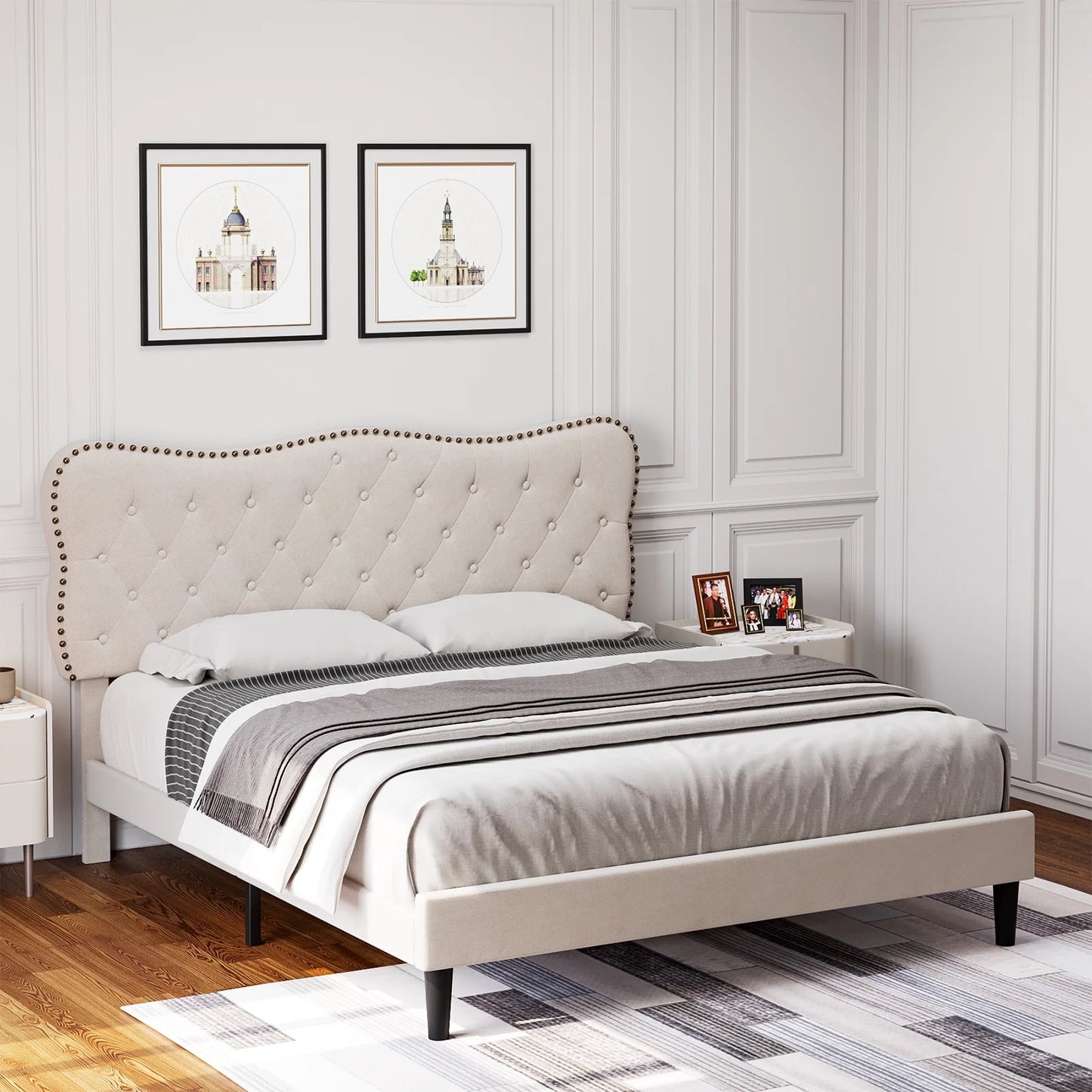 Queen Size Bed Frame, Linen Upholstered Platform Bed with Button Tufted Adjustable Headboard for Bedroom, Beige