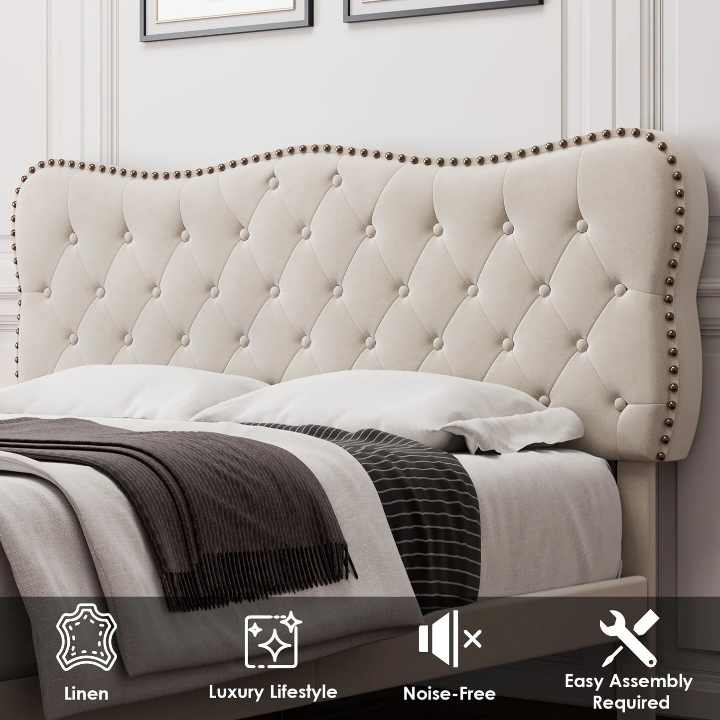Queen Size Bed Frame, Linen Upholstered Platform Bed with Button Tufted Adjustable Headboard for Bedroom, Beige