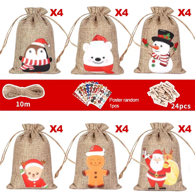 24Pcs DIY Christmas Advent Calendar Gift Bags Merry Christmas Decor for Paper Clips Stickers Cristmas Ornament Xmas Navidad