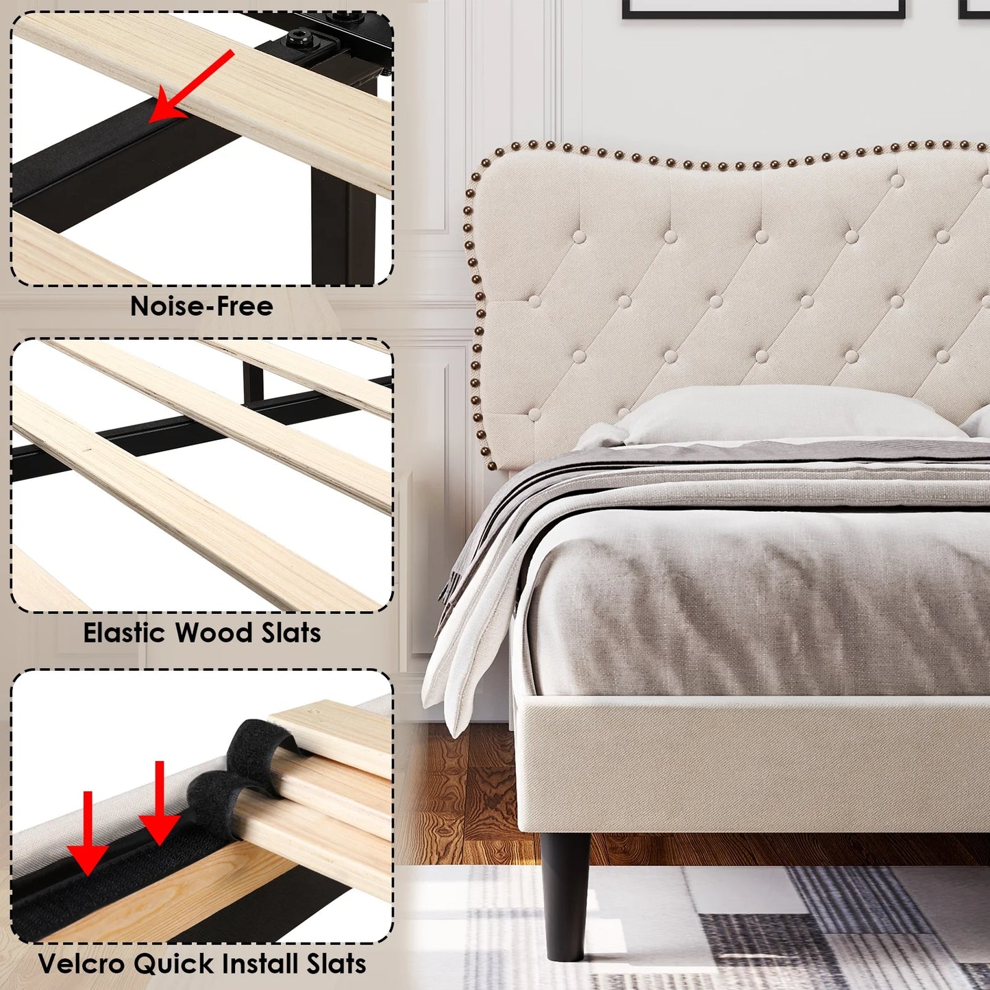 Queen Size Bed Frame, Linen Upholstered Platform Bed with Button Tufted Adjustable Headboard for Bedroom, Beige