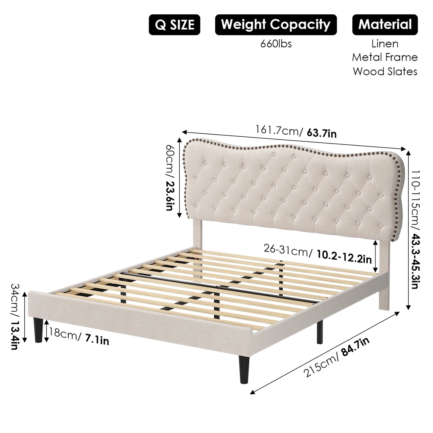 Queen Size Bed Frame, Linen Upholstered Platform Bed with Button Tufted Adjustable Headboard for Bedroom, Beige