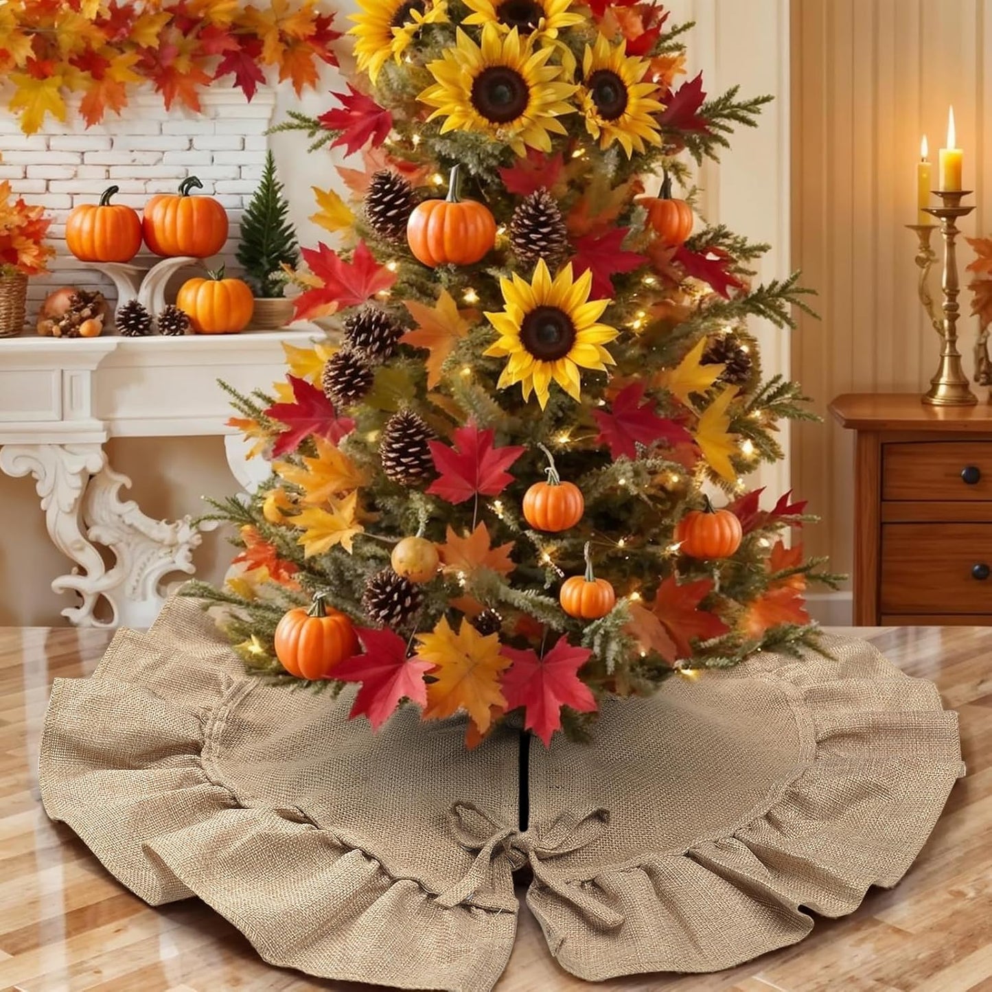 48" Burlap Fall Christmas Tree Skirt with Ruffle Border, Beach Farmhouse Tree Skirt Linen Rustic Tree Ornaments for Christmas Thanksgiving Holiday Party Decorations
