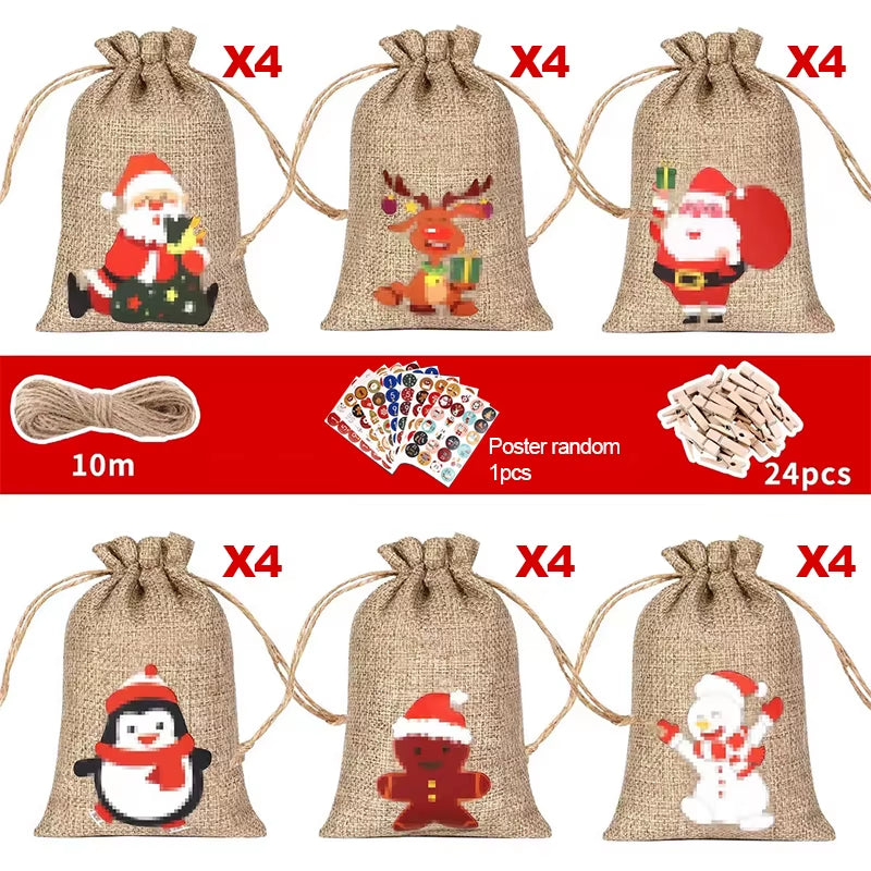 24Pcs DIY Christmas Advent Calendar Gift Bags Merry Christmas Decor for Paper Clips Stickers Cristmas Ornament Xmas Navidad
