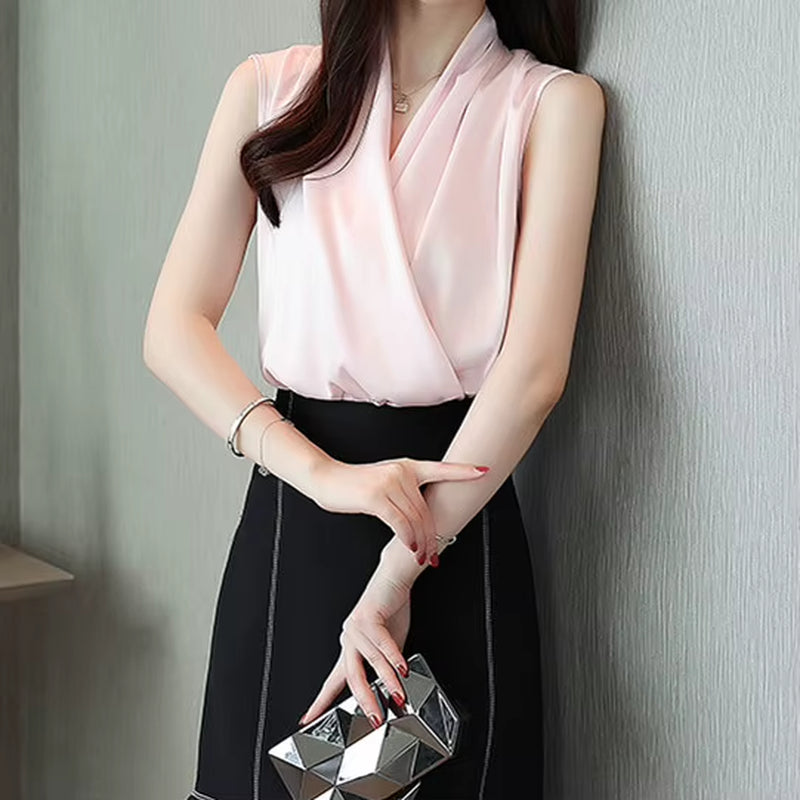 Korean Silk Blouse Women'S Summer Woman Sleeveless Satin Blouses Shirt V-Neck OL Blouses Solid Vest Ladies Tops Camisas Mujer