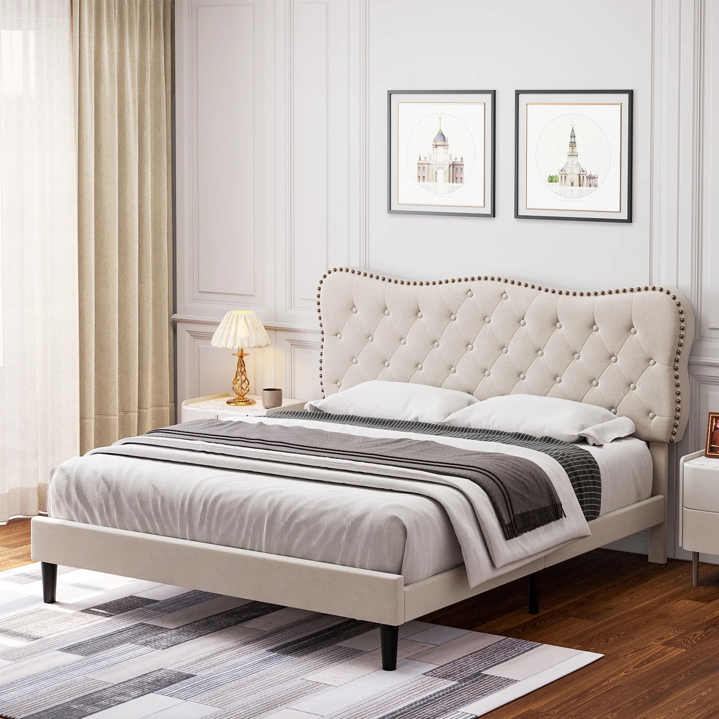 Queen Size Bed Frame, Linen Upholstered Platform Bed with Button Tufted Adjustable Headboard for Bedroom, Beige