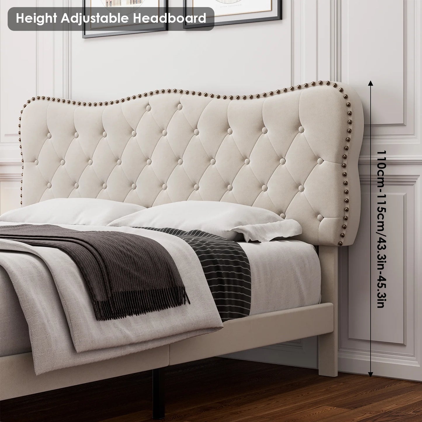 Queen Size Bed Frame, Linen Upholstered Platform Bed with Button Tufted Adjustable Headboard for Bedroom, Beige