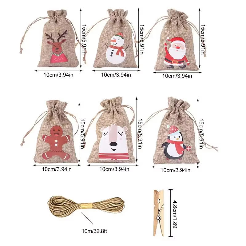 24Pcs DIY Christmas Advent Calendar Gift Bags Merry Christmas Decor for Paper Clips Stickers Cristmas Ornament Xmas Navidad