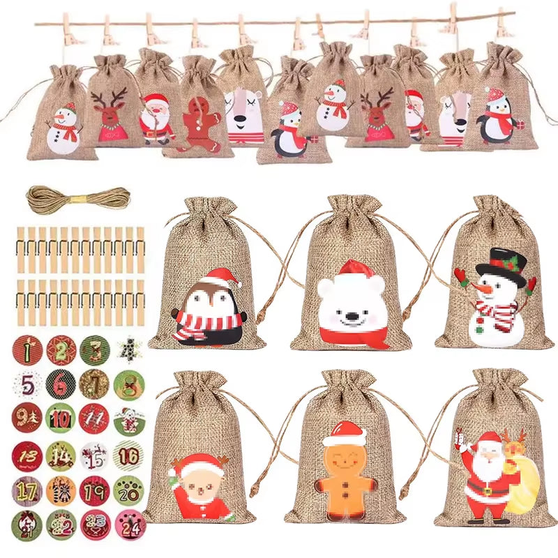 24Pcs DIY Christmas Advent Calendar Gift Bags Merry Christmas Decor for Paper Clips Stickers Cristmas Ornament Xmas Navidad