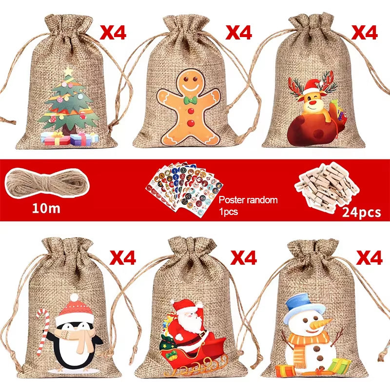 24Pcs DIY Christmas Advent Calendar Gift Bags Merry Christmas Decor for Paper Clips Stickers Cristmas Ornament Xmas Navidad
