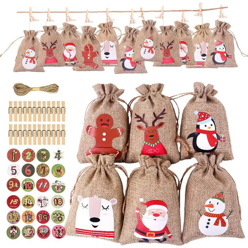 24Pcs DIY Christmas Advent Calendar Gift Bags Merry Christmas Decor for Paper Clips Stickers Cristmas Ornament Xmas Navidad