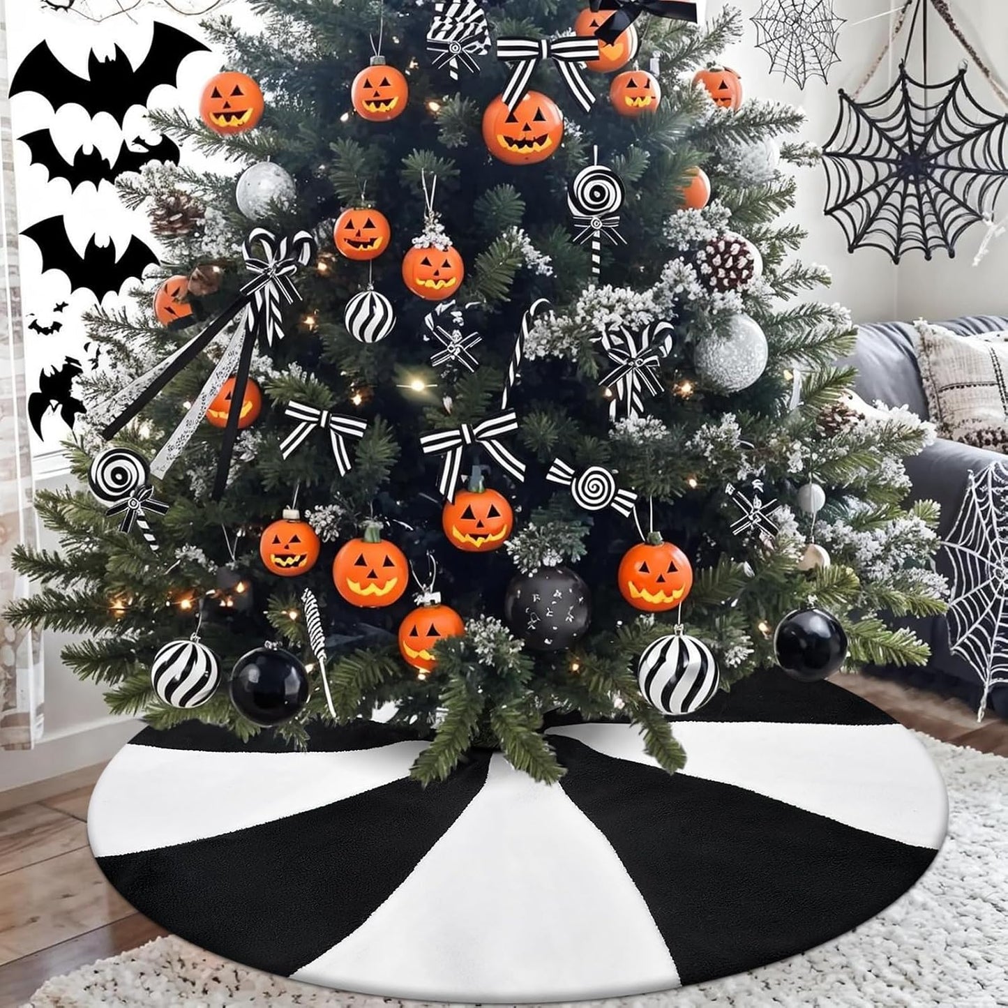 Christmas Halloween Tree Skirt, 48" Large Black and White Lollipop Xmas Tree Rug Mat for 7.5Ft Tree, Black Christmas Decorations Ornaments, Xmas Holiday Party Decor