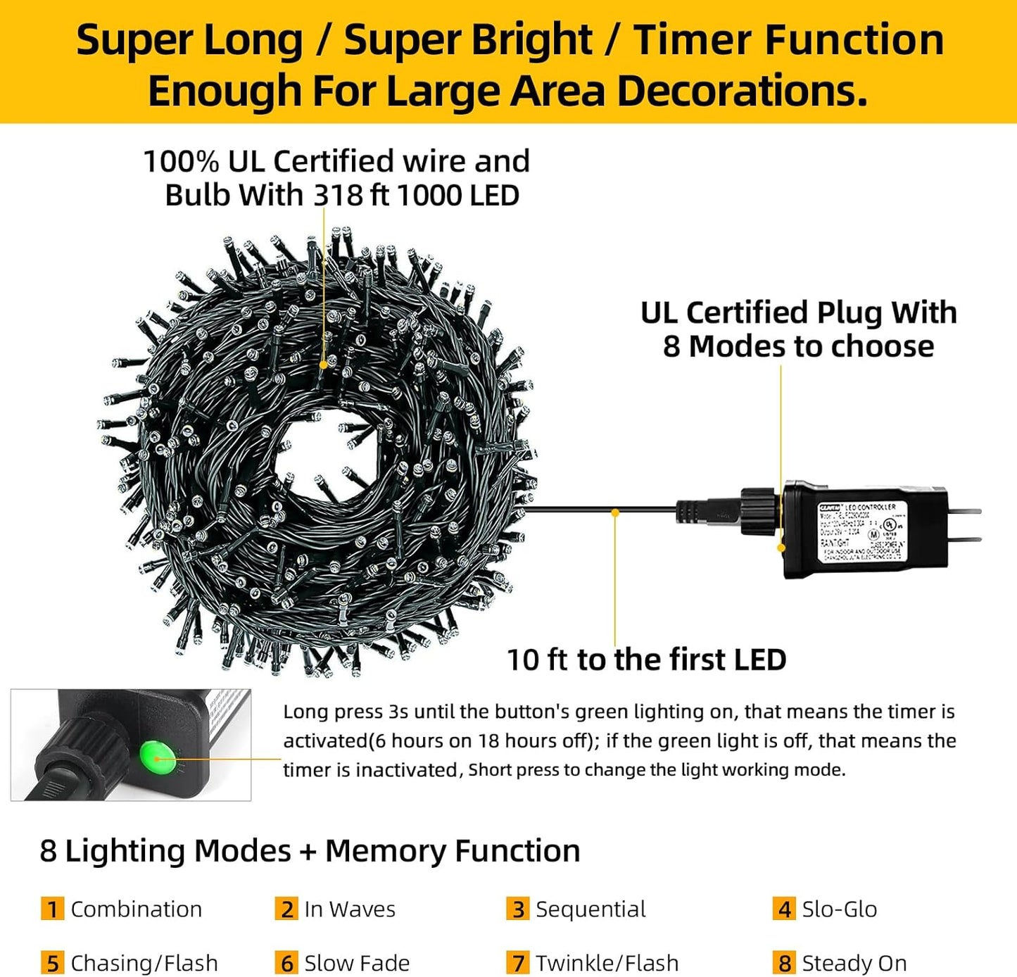 1000 LED 328Ft 8 Modes with Timer Christmas String Lights IP55 Outdoor Waterproof UL Certificated Indoor Fairy Lights Garden Patio Wedding Christma Trees Parties Decoration Warm White