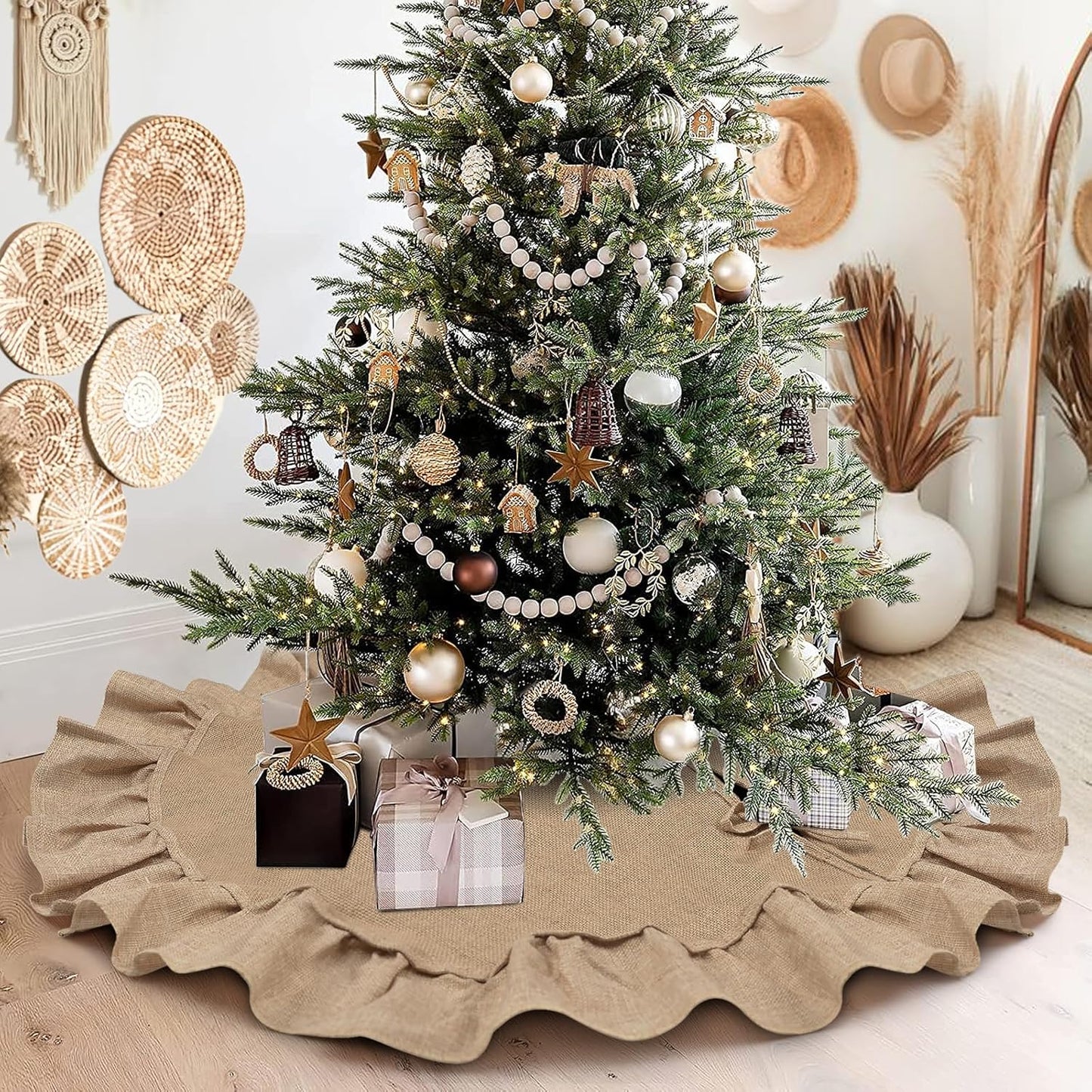 48" Burlap Fall Christmas Tree Skirt with Ruffle Border, Beach Farmhouse Tree Skirt Linen Rustic Tree Ornaments for Christmas Thanksgiving Holiday Party Decorations