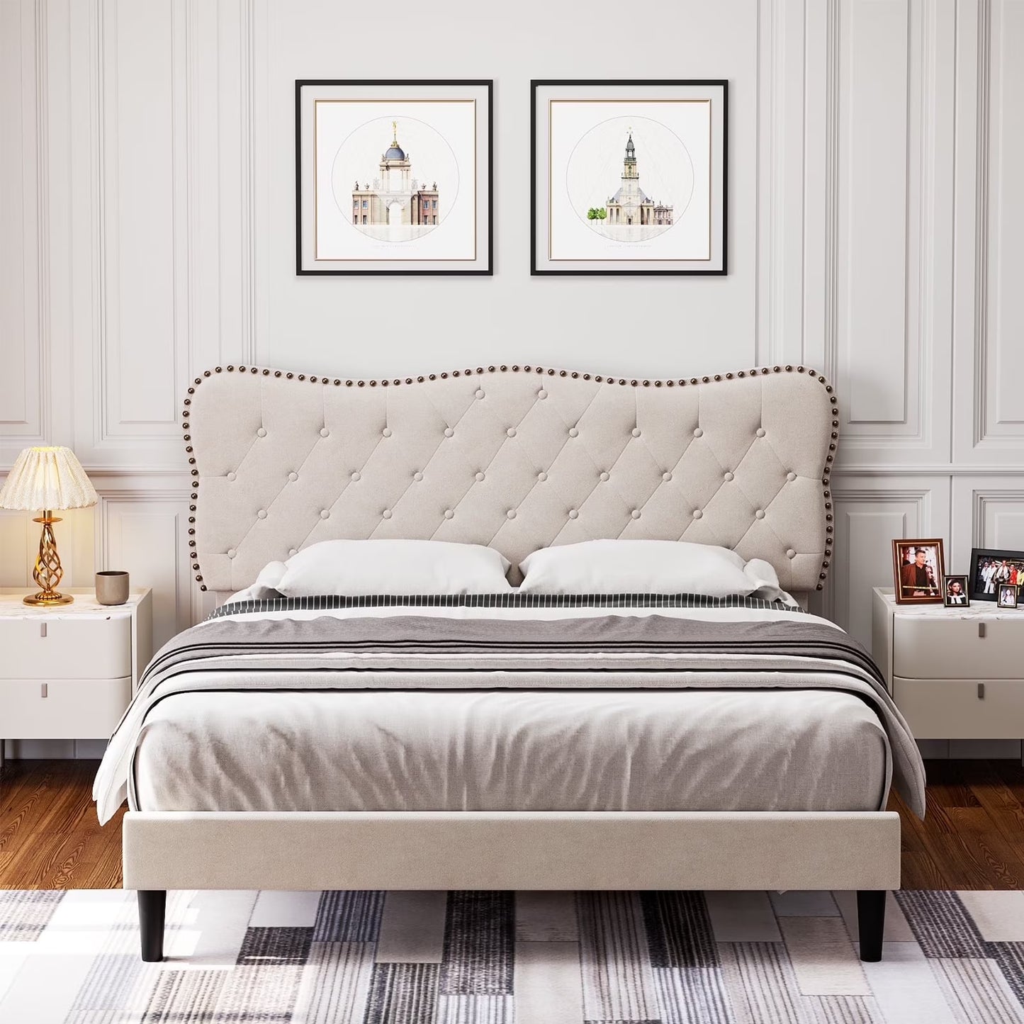 Queen Size Bed Frame, Linen Upholstered Platform Bed with Button Tufted Adjustable Headboard for Bedroom, Beige