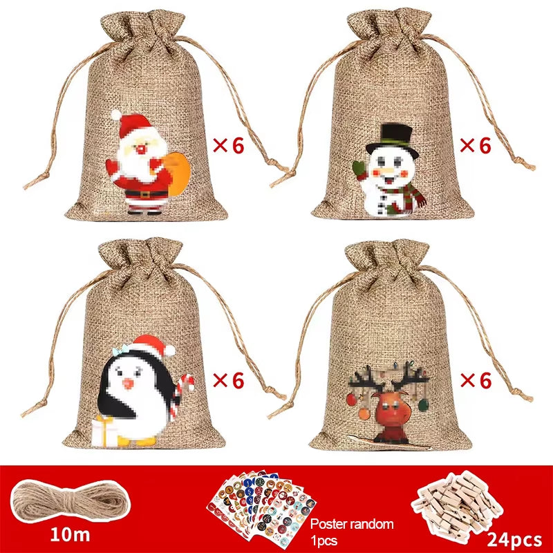 24Pcs DIY Christmas Advent Calendar Gift Bags Merry Christmas Decor for Paper Clips Stickers Cristmas Ornament Xmas Navidad