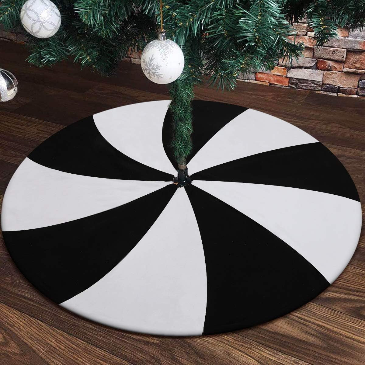 Christmas Halloween Tree Skirt, 48" Large Black and White Lollipop Xmas Tree Rug Mat for 7.5Ft Tree, Black Christmas Decorations Ornaments, Xmas Holiday Party Decor