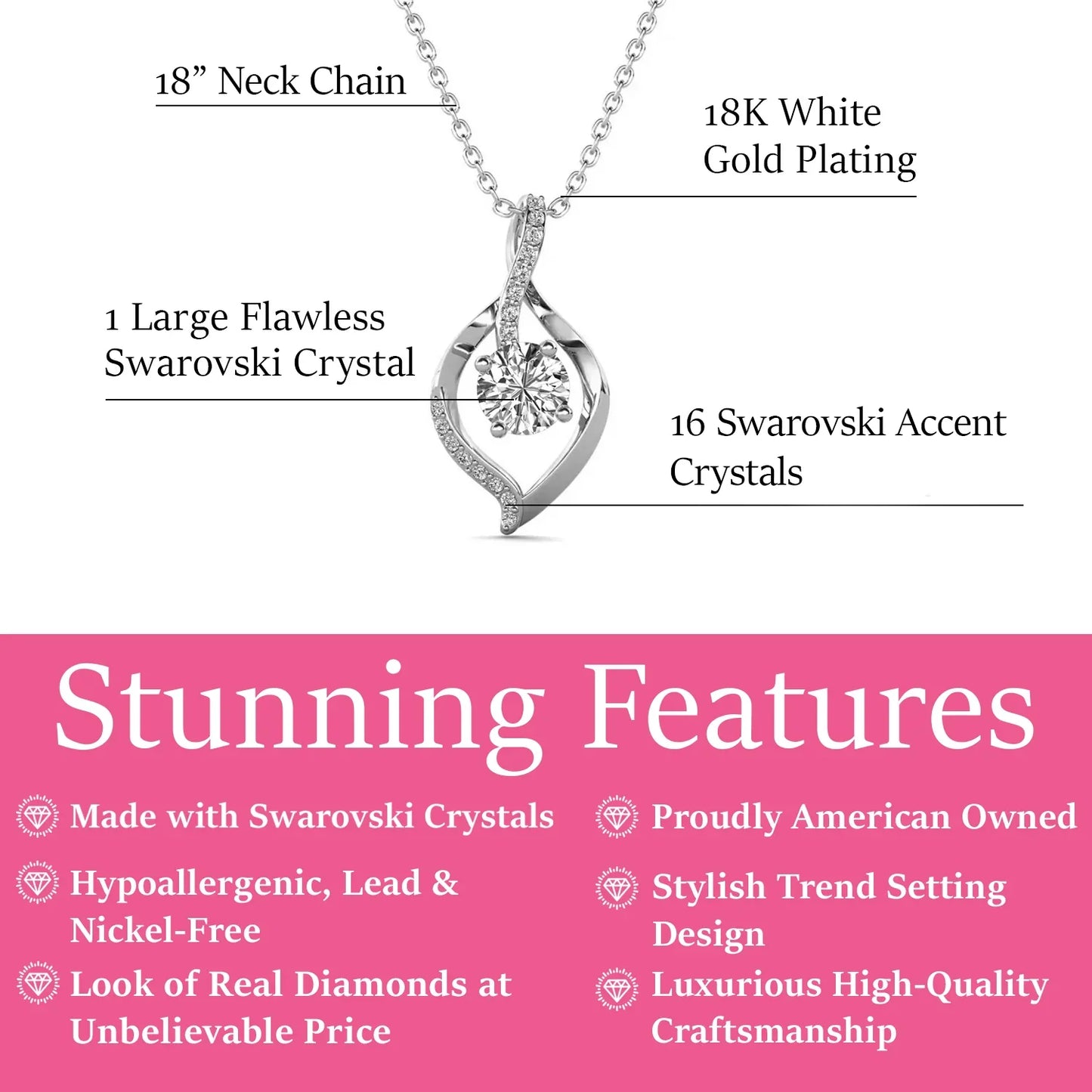 Sabrina 18K White Gold Plated Pendant Necklace with Swarovski Crystals Gift for Women