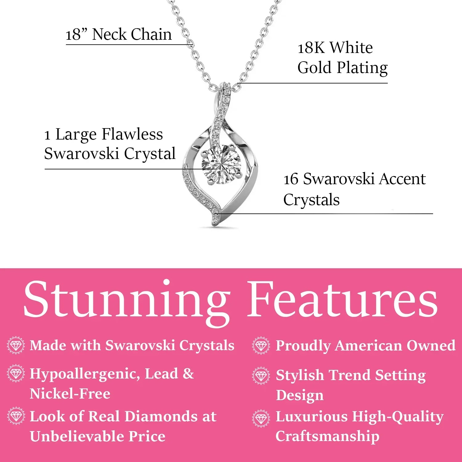 Sabrina 18K White Gold Plated Pendant Necklace with Swarovski Crystals Gift for Women