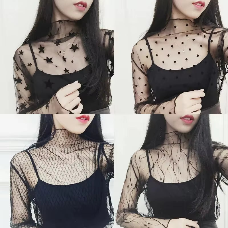 Women Sexy Harajuku Mesh Tops Net See through T Shirt Transparent Undershirt Star Base Top Camisas Femininas Clubwear