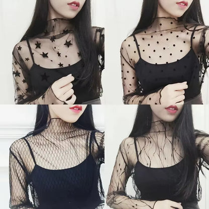 Women Sexy Harajuku Mesh Tops Net See through T Shirt Transparent Undershirt Star Base Top Camisas Femininas Clubwear