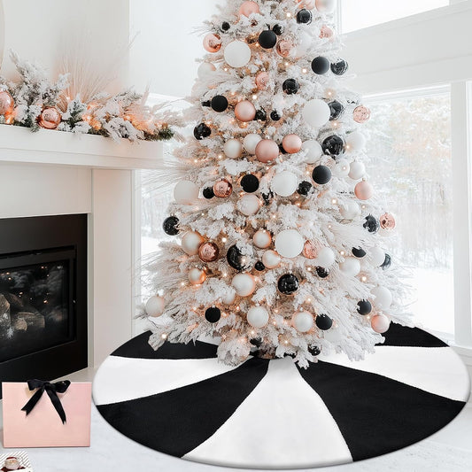 Christmas Halloween Tree Skirt, 48" Large Black and White Lollipop Xmas Tree Rug Mat for 7.5Ft Tree, Black Christmas Decorations Ornaments, Xmas Holiday Party Decor