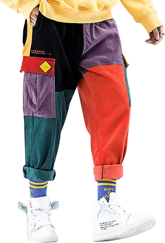Mens Color Patchwork Cargo Pants Multi-Pockets Corduroy Jogger Pants Unisex Casual Vintage Streetwear Trousers