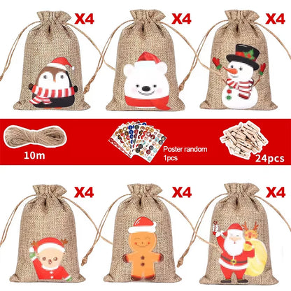 24Pcs DIY Christmas Advent Calendar Gift Bags Merry Christmas Decor for Paper Clips Stickers Cristmas Ornament Xmas Navidad