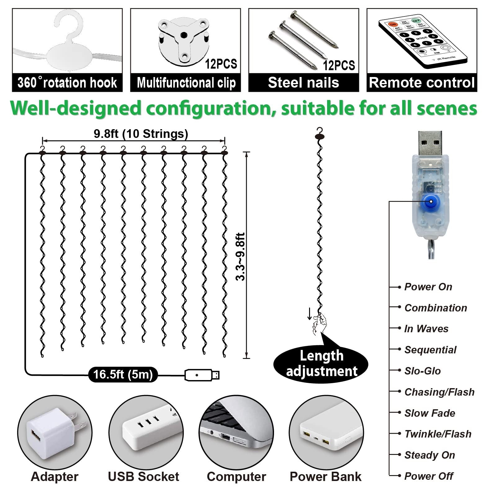 Cortina De Luces LED De 300 Luces Con Control Remoto, 8 Modos, 3 X 3 M