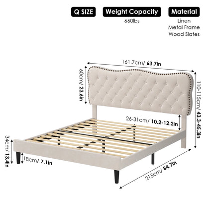 Queen Size Bed Frame, Linen Upholstered Platform Bed with Button Tufted Adjustable Headboard for Bedroom, Beige