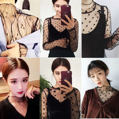 Women Sexy Harajuku Mesh Tops Net See through T Shirt Transparent Undershirt Star Base Top Camisas Femininas Clubwear