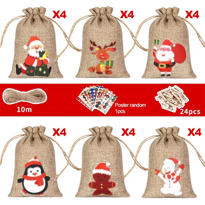 24Pcs DIY Christmas Advent Calendar Gift Bags Merry Christmas Decor for Paper Clips Stickers Cristmas Ornament Xmas Navidad