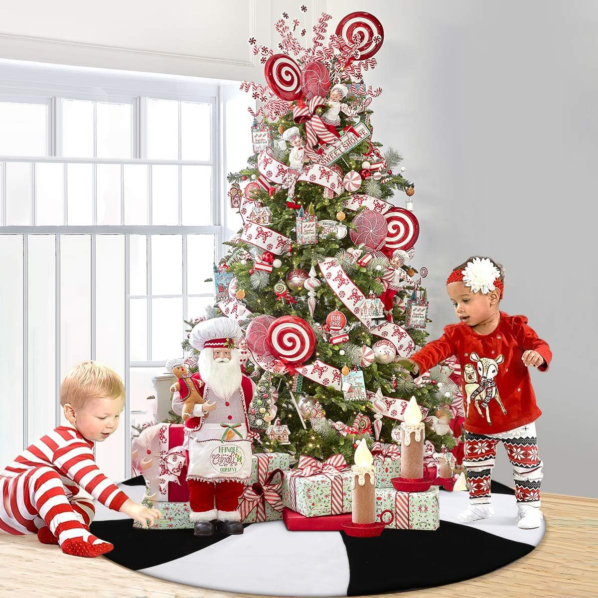 Christmas Halloween Tree Skirt, 48" Large Black and White Lollipop Xmas Tree Rug Mat for 7.5Ft Tree, Black Christmas Decorations Ornaments, Xmas Holiday Party Decor