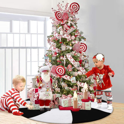 Christmas Halloween Tree Skirt, 48" Large Black and White Lollipop Xmas Tree Rug Mat for 7.5Ft Tree, Black Christmas Decorations Ornaments, Xmas Holiday Party Decor