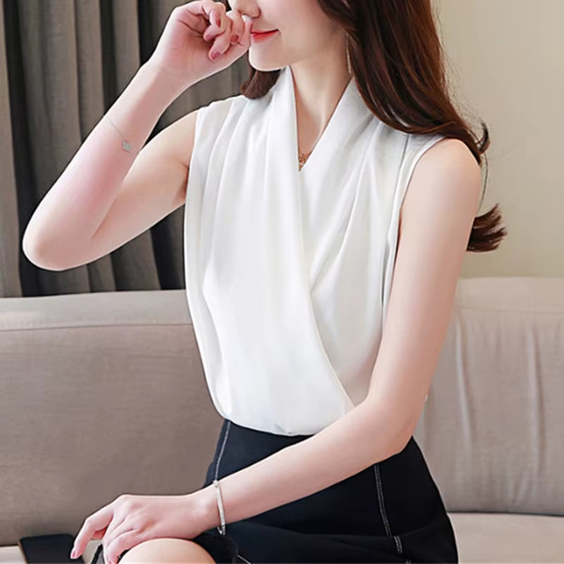 Korean Silk Blouse Women'S Summer Woman Sleeveless Satin Blouses Shirt V-Neck OL Blouses Solid Vest Ladies Tops Camisas Mujer