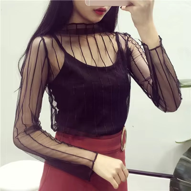 Women Sexy Harajuku Mesh Tops Net See through T Shirt Transparent Undershirt Star Base Top Camisas Femininas Clubwear