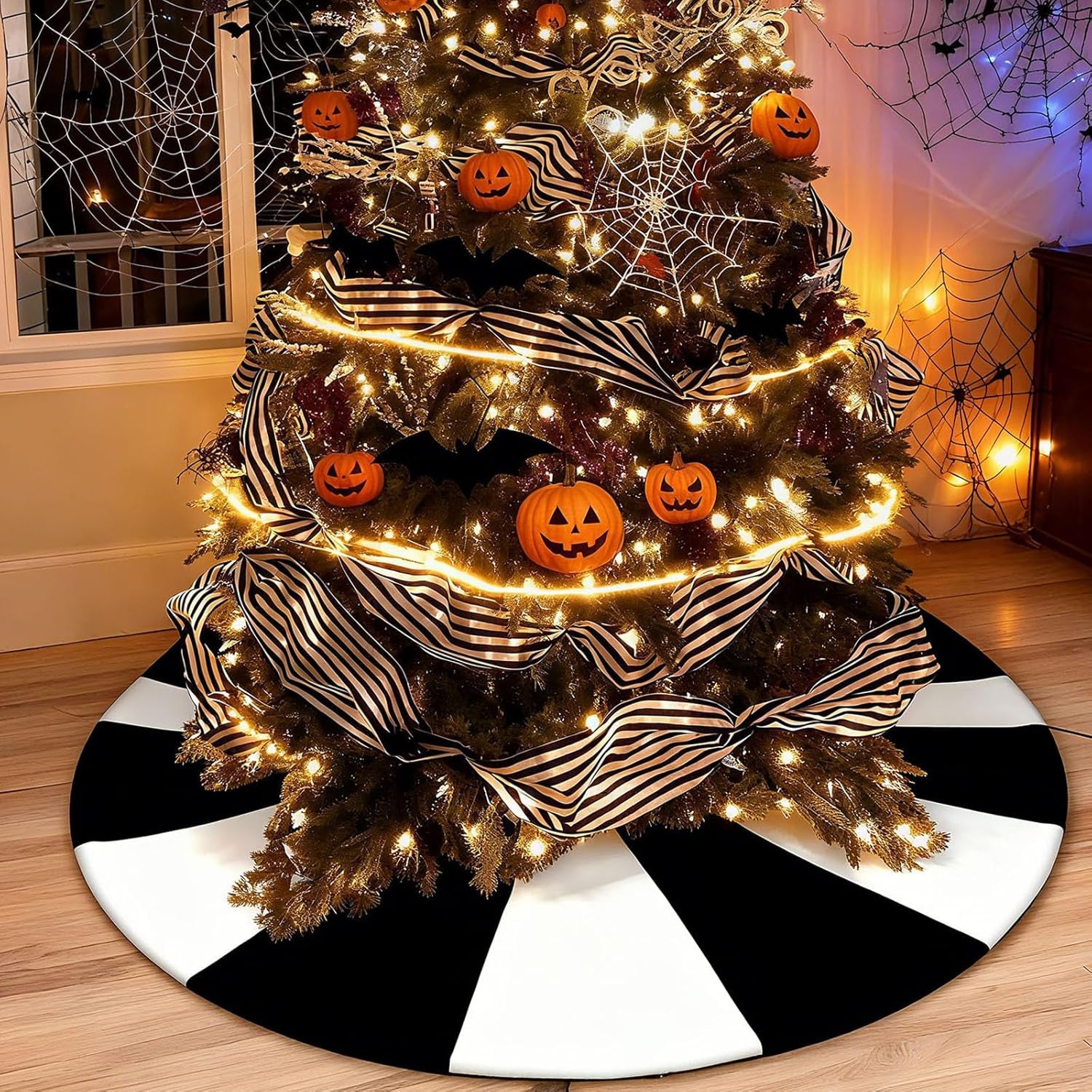 Christmas Halloween Tree Skirt, 48" Large Black and White Lollipop Xmas Tree Rug Mat for 7.5Ft Tree, Black Christmas Decorations Ornaments, Xmas Holiday Party Decor