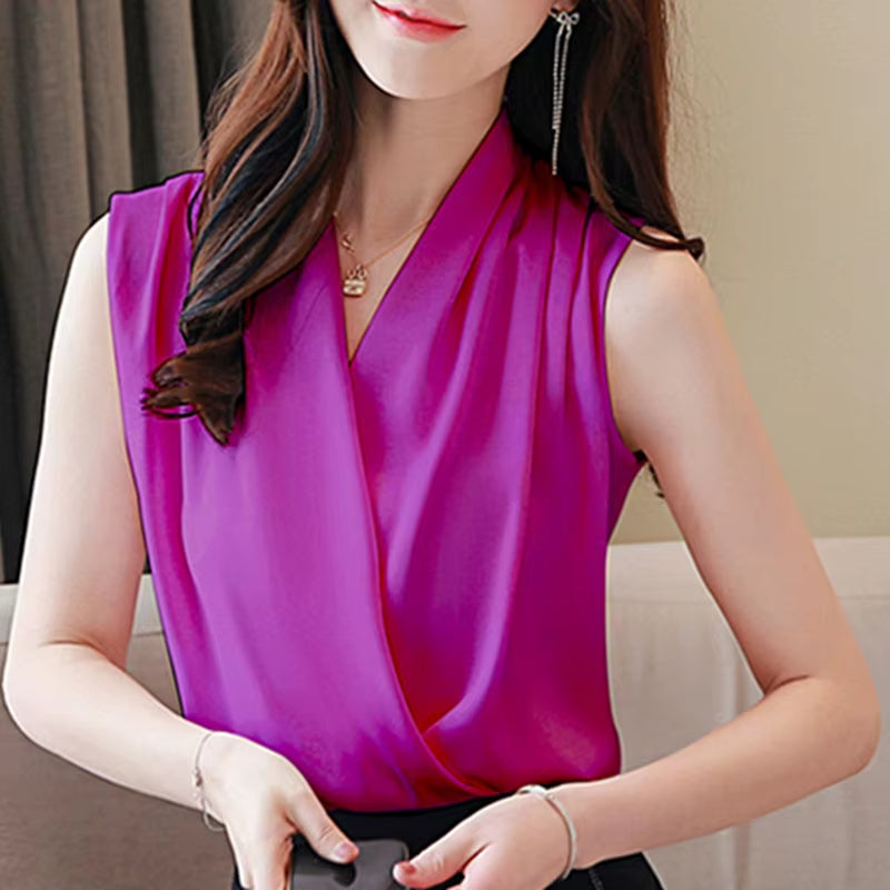 Korean Silk Blouse Women'S Summer Woman Sleeveless Satin Blouses Shirt V-Neck OL Blouses Solid Vest Ladies Tops Camisas Mujer