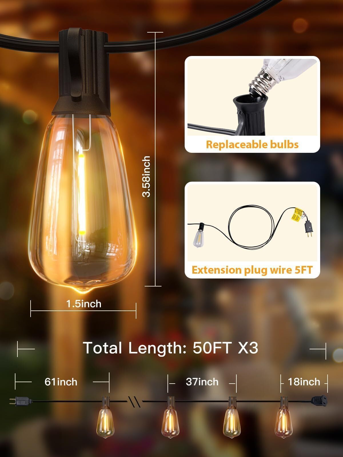 Luces De Cadena Para Exteriores De 150 Pies, Luces Impermeables Para Patio
