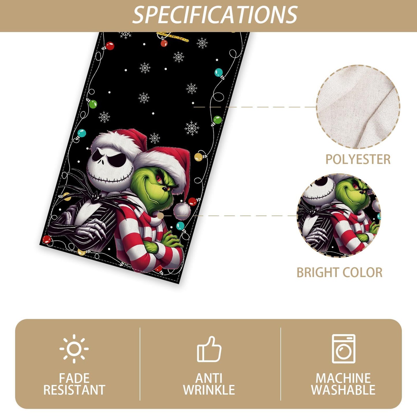 Linen Nightmare before Christmas Jack Skellington Table Runner Merry Christma...