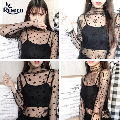 Women Sexy Harajuku Mesh Tops Net See through T Shirt Transparent Undershirt Star Base Top Camisas Femininas Clubwear