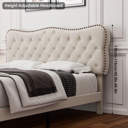 Queen Size Bed Frame, Linen Upholstered Platform Bed with Button Tufted Adjustable Headboard for Bedroom, Beige