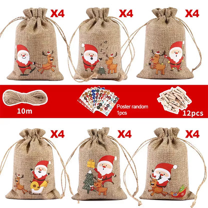 24Pcs DIY Christmas Advent Calendar Gift Bags Merry Christmas Decor for Paper Clips Stickers Cristmas Ornament Xmas Navidad