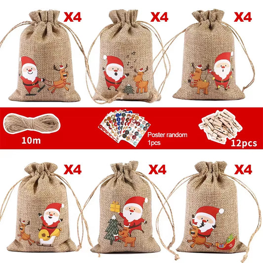 24Pcs DIY Christmas Advent Calendar Gift Bags Merry Christmas Decor for Paper Clips Stickers Cristmas Ornament Xmas Navidad