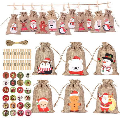 24Pcs DIY Christmas Advent Calendar Gift Bags Merry Christmas Decor for Paper Clips Stickers Cristmas Ornament Xmas Navidad