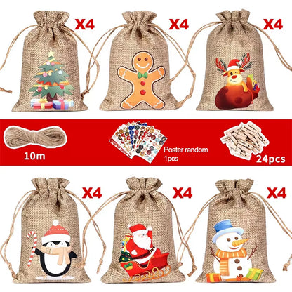 24Pcs DIY Christmas Advent Calendar Gift Bags Merry Christmas Decor for Paper Clips Stickers Cristmas Ornament Xmas Navidad