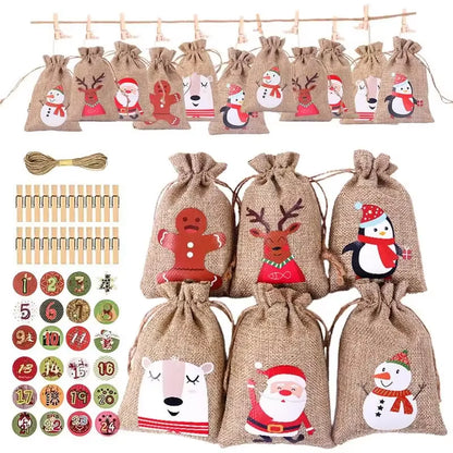 24Pcs DIY Christmas Advent Calendar Gift Bags Merry Christmas Decor for Paper Clips Stickers Cristmas Ornament Xmas Navidad