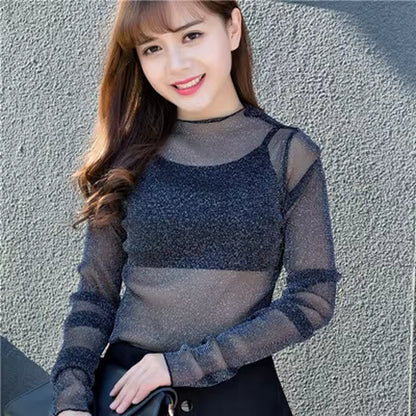 Women Sexy Harajuku Mesh Tops Net See through T Shirt Transparent Undershirt Star Base Top Camisas Femininas Clubwear