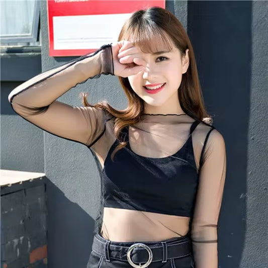 Women Sexy Harajuku Mesh Tops Net See through T Shirt Transparent Undershirt Star Base Top Camisas Femininas Clubwear
