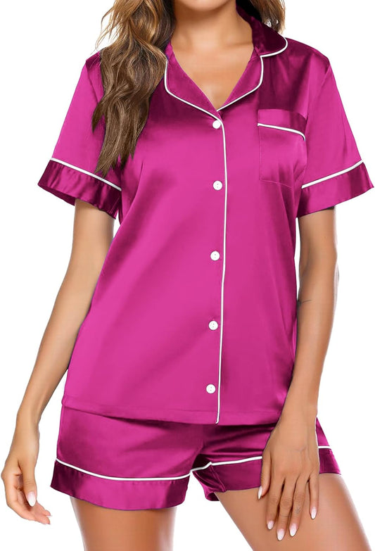 Pajamas for Women Set Silk Satin Pjs Button down Sleepwear Summer Loungewear Top and Shorts Lounge Set S-XXL