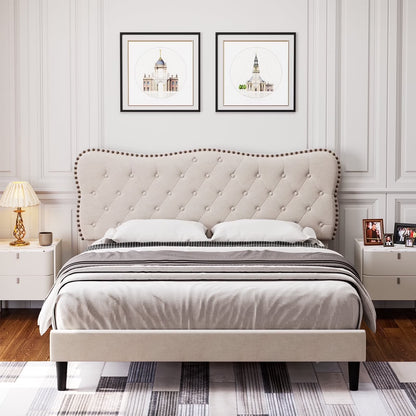 Queen Size Bed Frame, Linen Upholstered Platform Bed with Button Tufted Adjustable Headboard for Bedroom, Beige